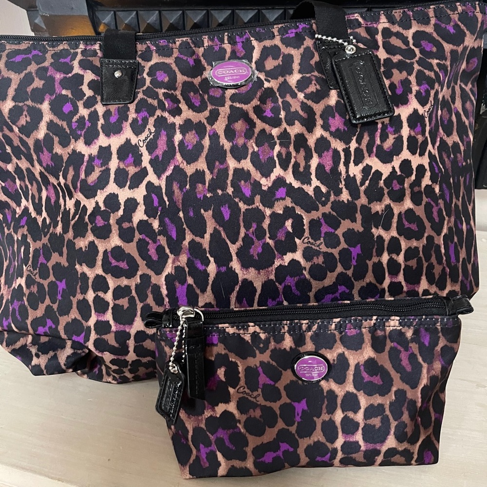 Coach 2pc Ocelot packable tote & make-up small bag